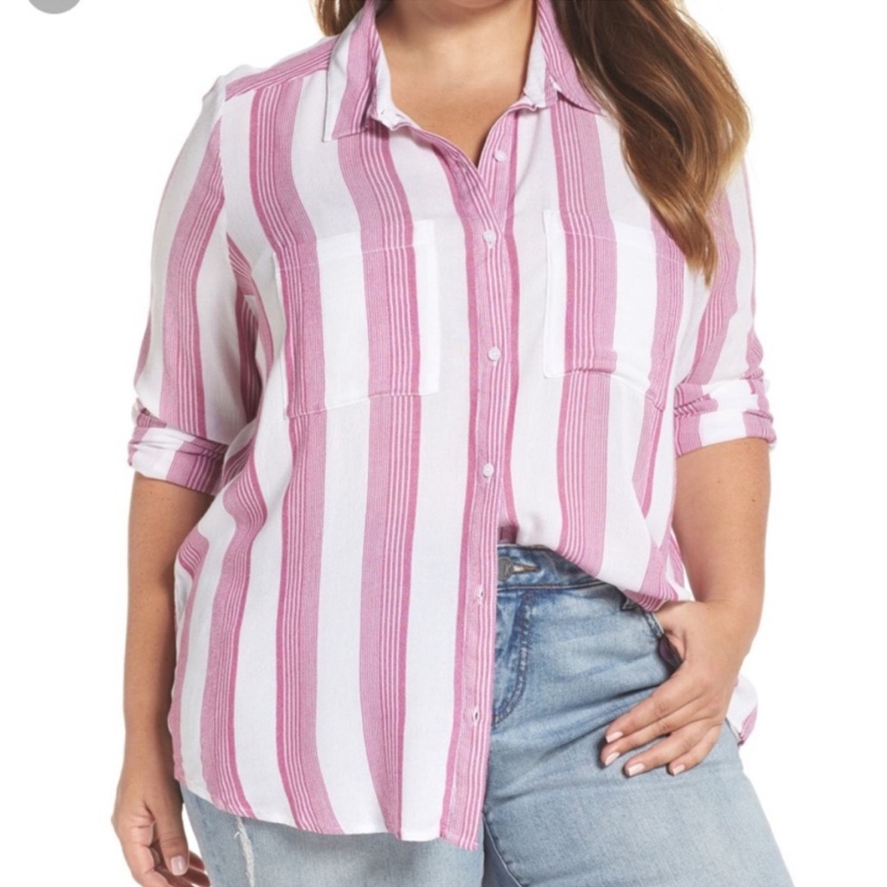 BP Women’s Blouse 4X Button Pink and‎ White Striped Button Down Viscose NWT